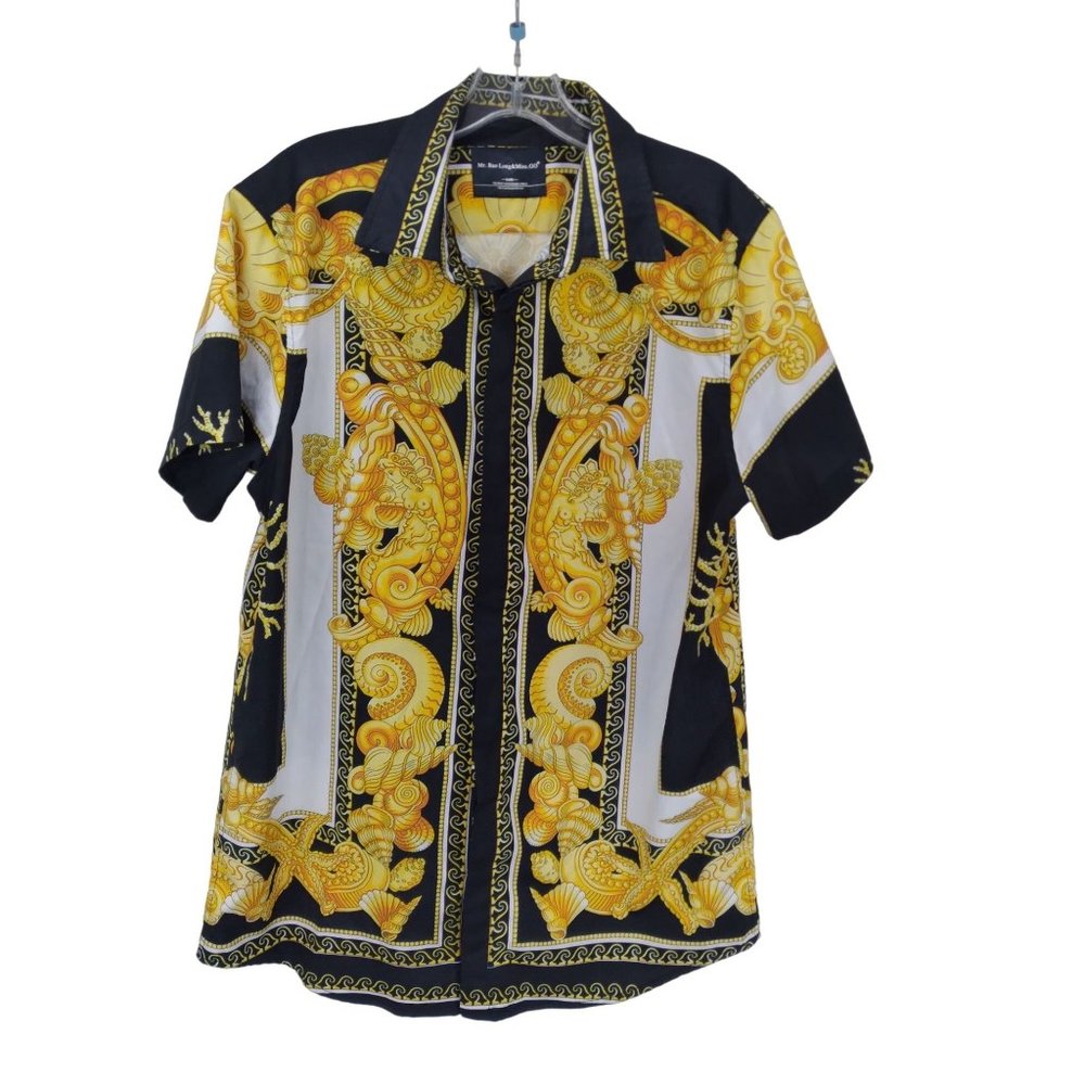 Mr Bao Long & Miss Go Designer style print lightweight Button up shirt men's L